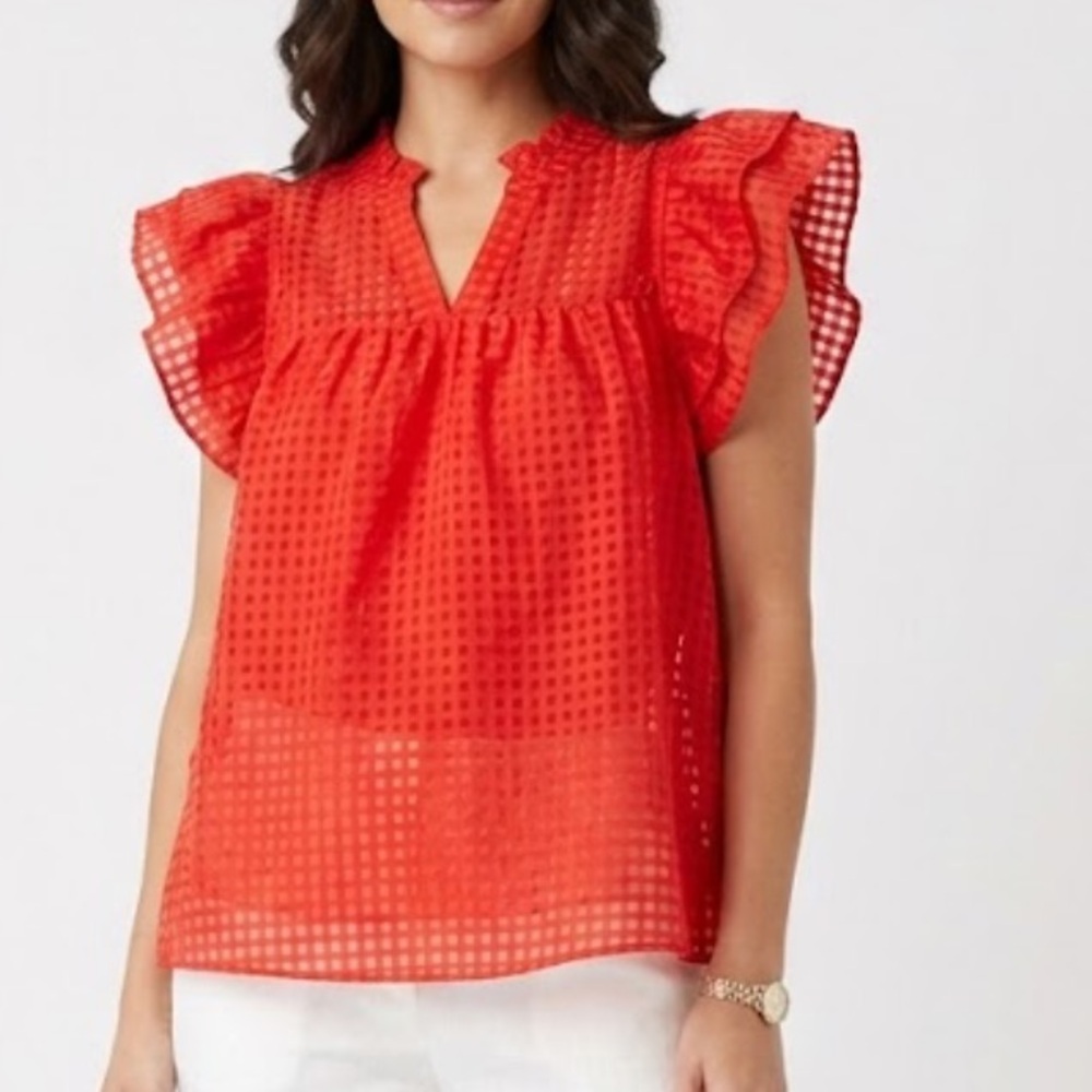 entro Orange-Red Eyelet Flutter Sleeve Blouse